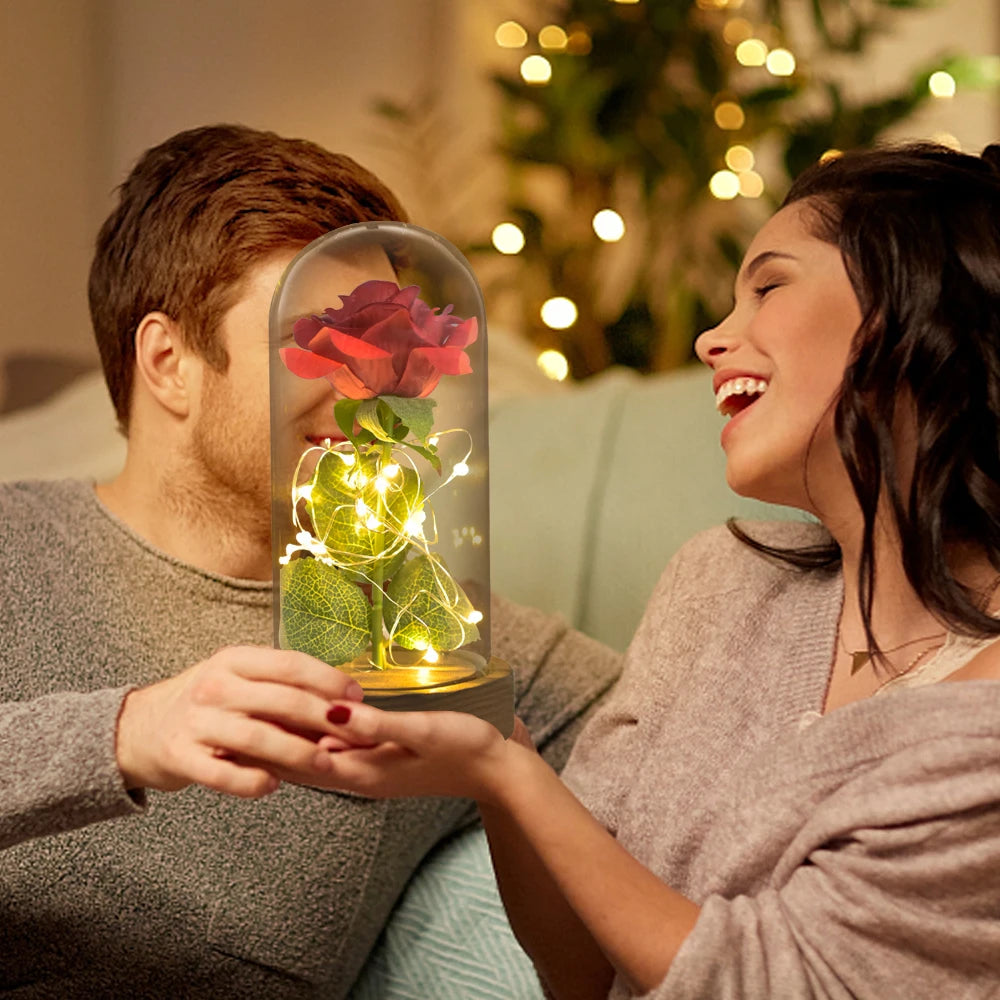 Eternal Rose in Glass Dome with LED Lights – Forever Flower Gift for Her, Christmas & Valentine’s Day