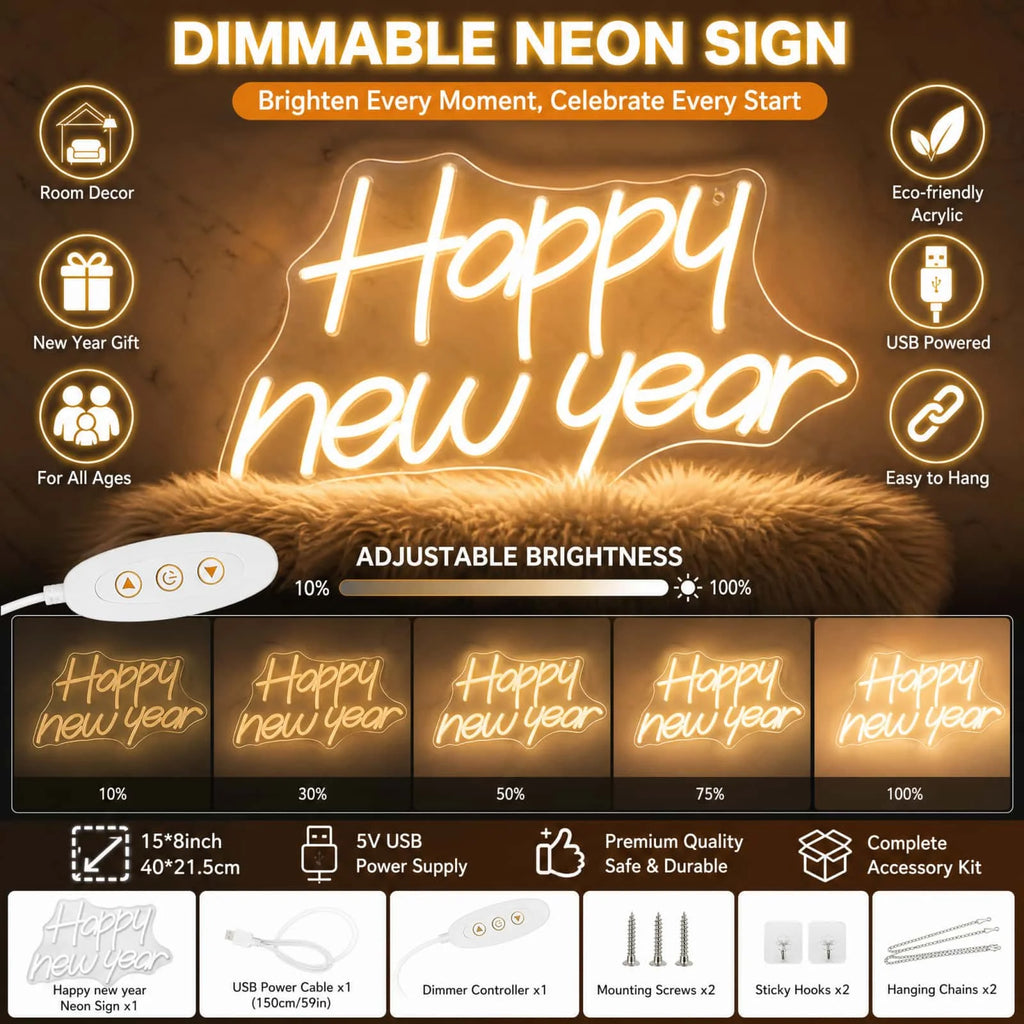 Happy New Year LED Neon Sign – Warm White Light for New Year's Eve Party Decor & Photo Backdrop