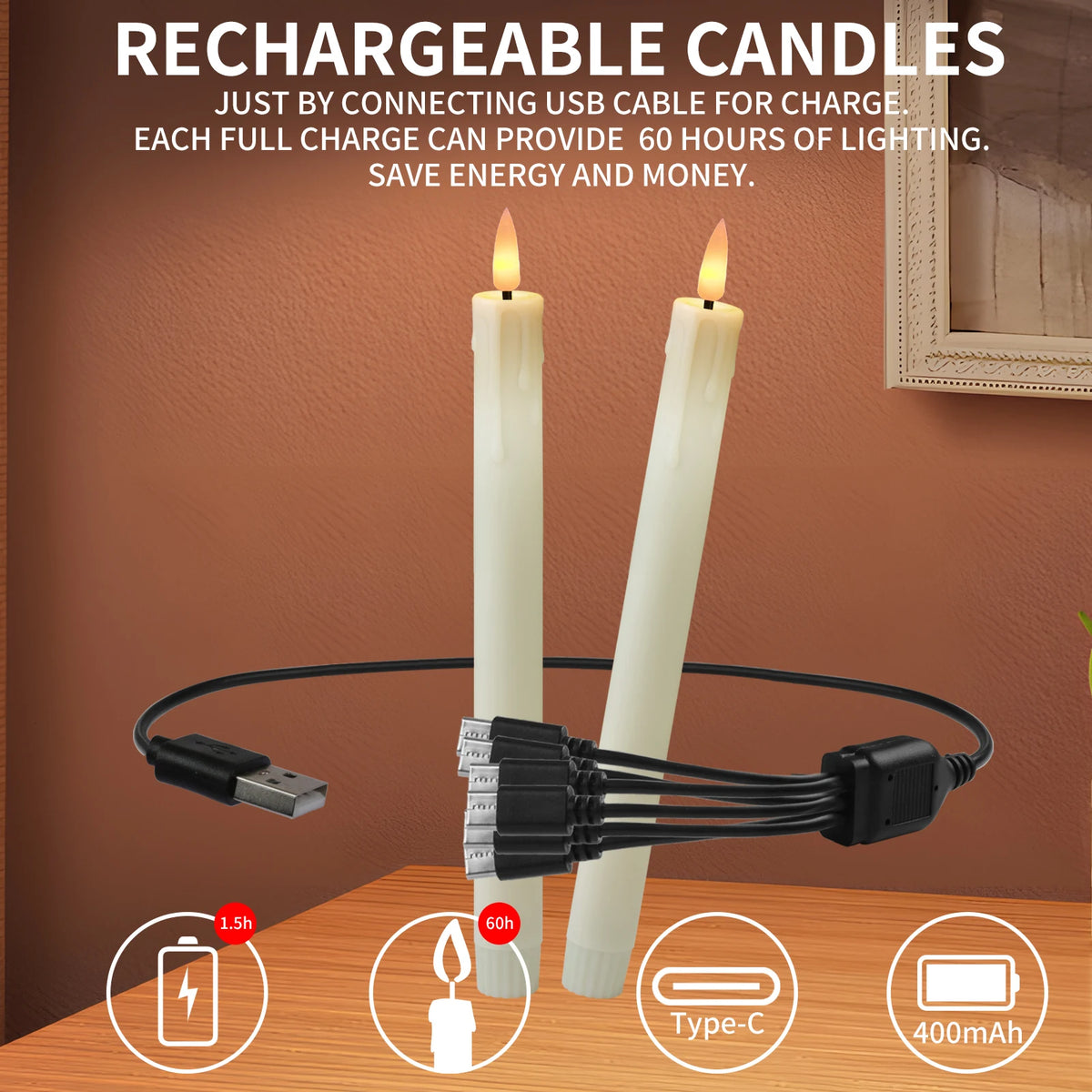 Rechargeable Flameless LED Taper Candles with Remote & Timer – Set of 6