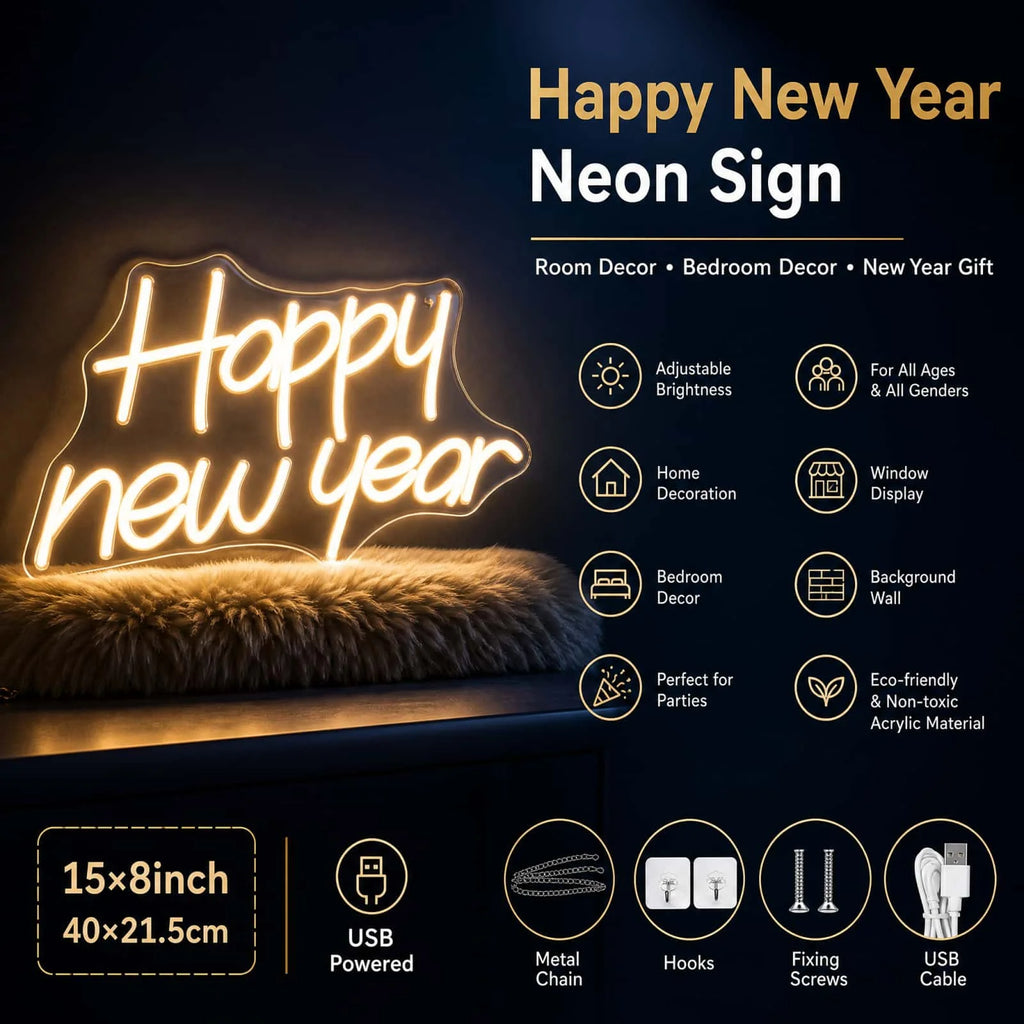 Happy New Year LED Neon Sign – Warm White Light for New Year's Eve Party Decor & Photo Backdrop