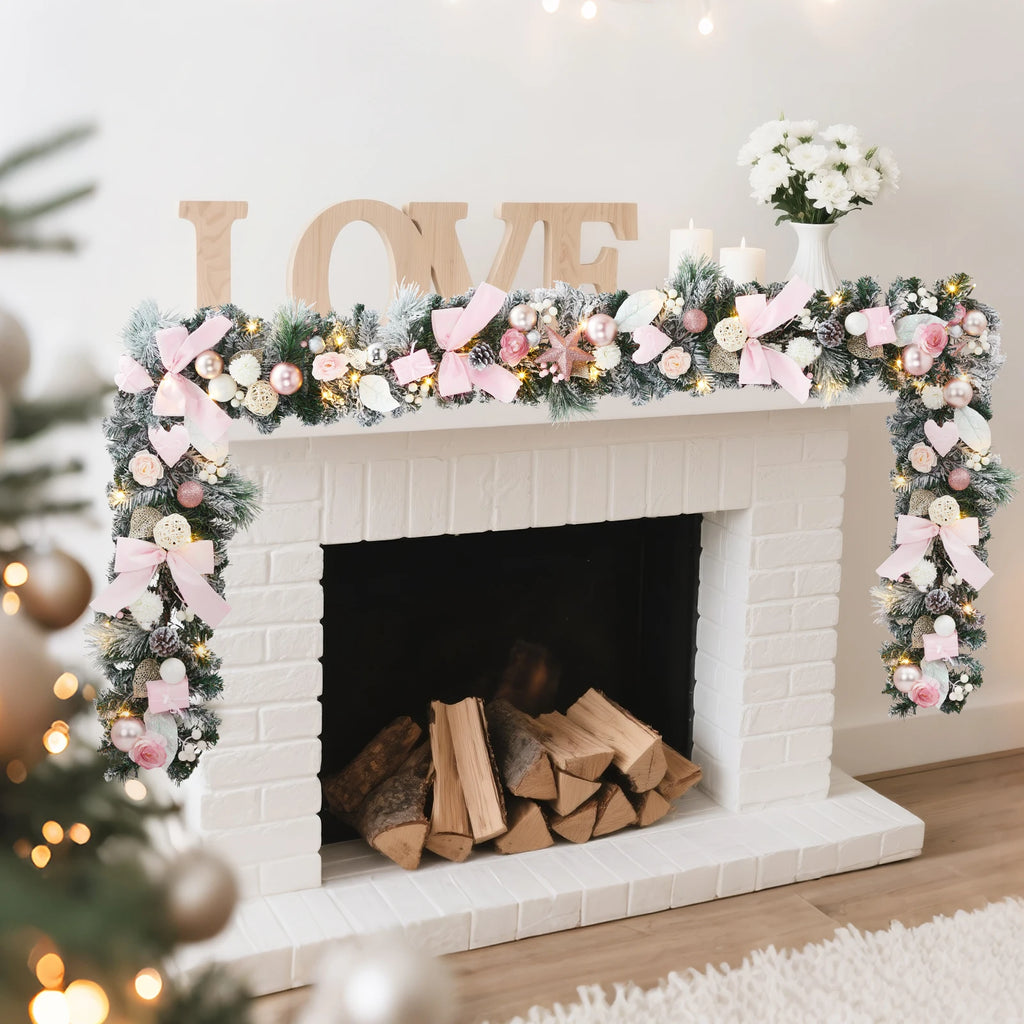 24" Pink Christmas Wreath with LED Lights, Roses & Bow