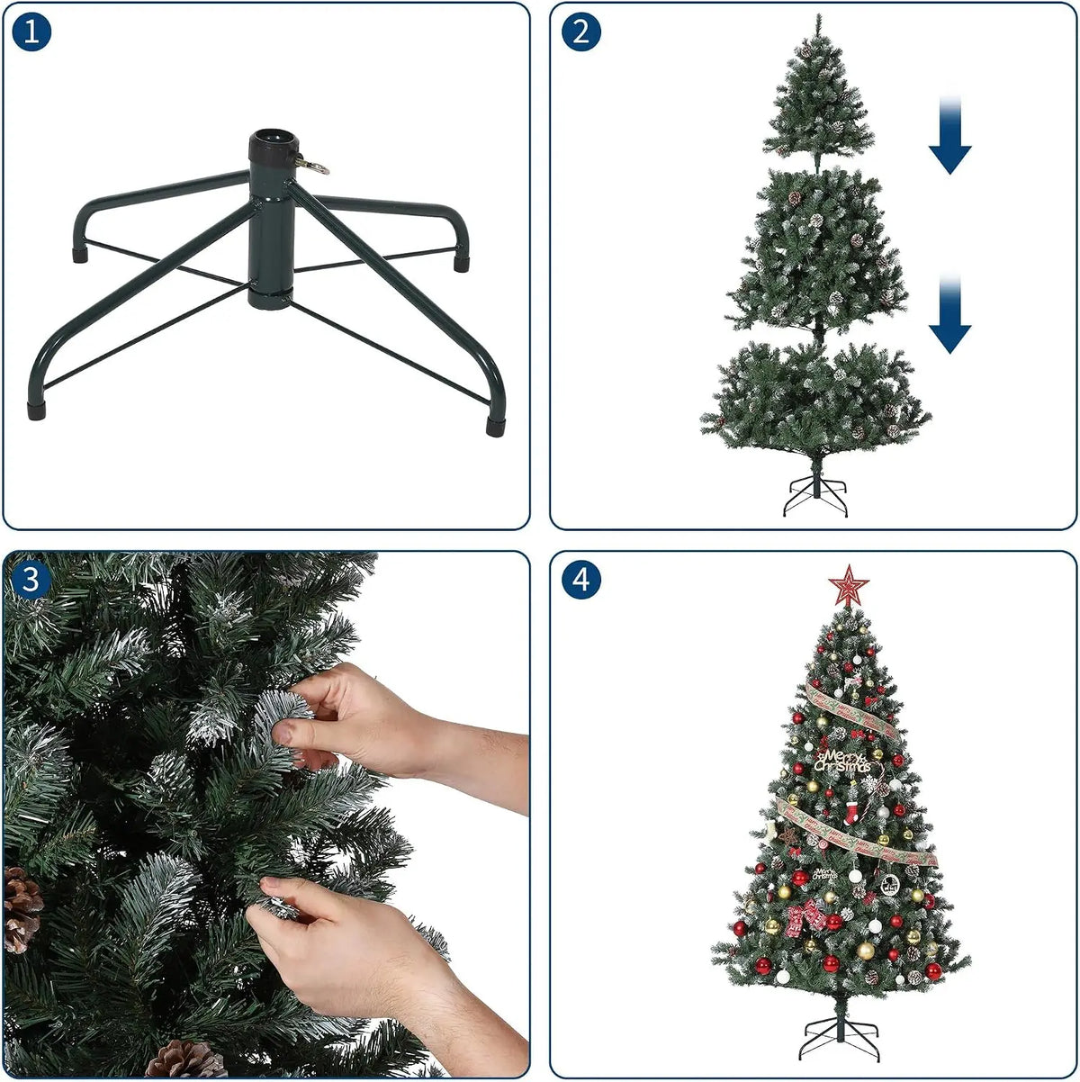 Pre-Lit Snow Flocked Artificial Christmas Tree with Pine Cones – 4.5ft to 7.5ft Full Xmas Tree with LED Lights and Metal Stand