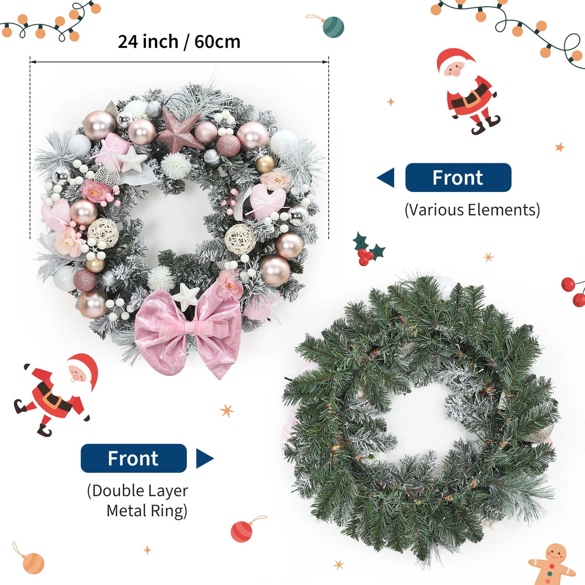 24" Pink Christmas Wreath with LED Lights, Roses & Bow