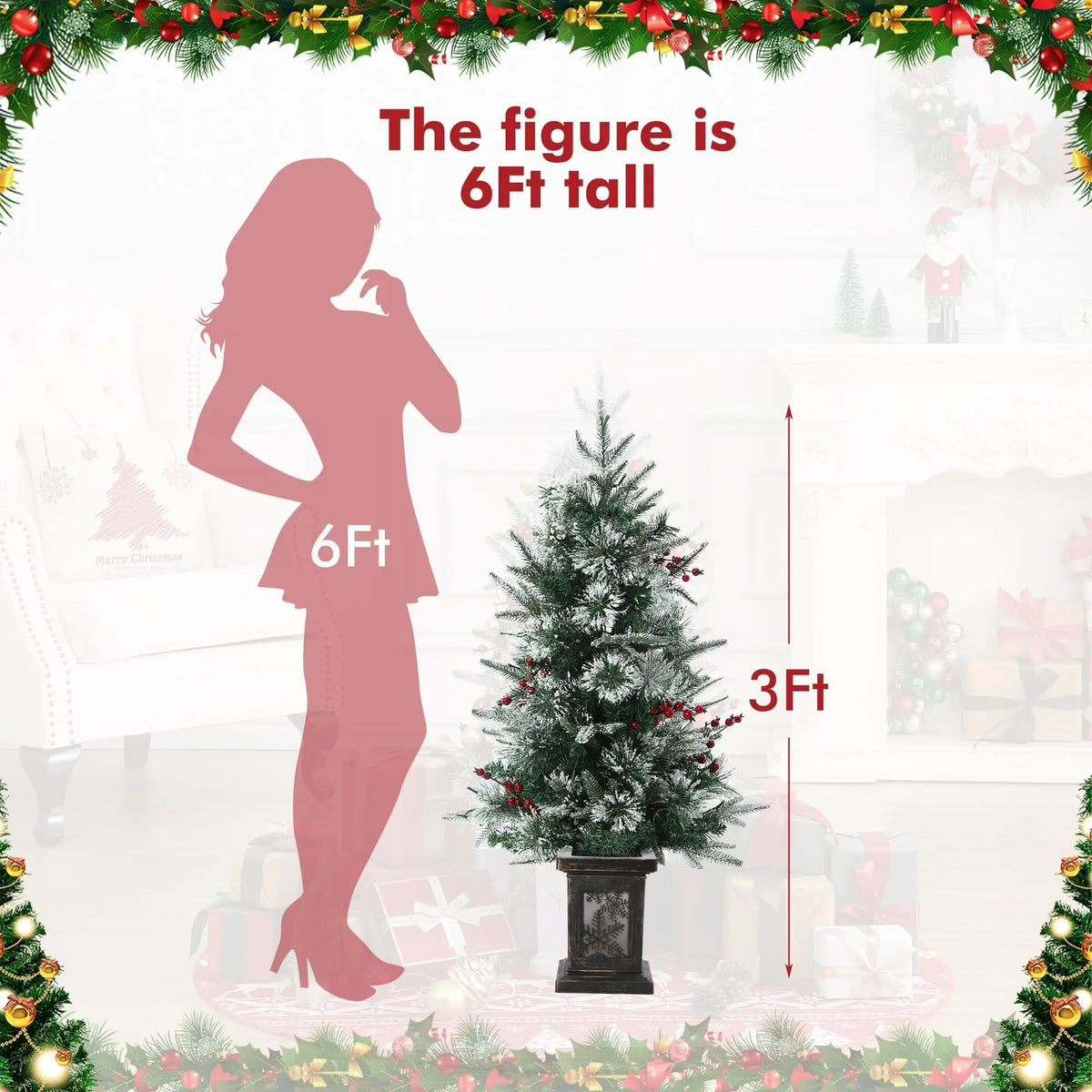 3 Ft Pre-Lit Snow Flocked Christmas Tree – Mini Tabletop Tree with 78 LED Lights
