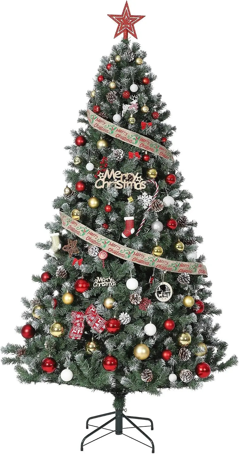 Pre-Lit Snow Flocked Artificial Christmas Tree with Pine Cones – 4.5ft to 7.5ft Full Xmas Tree with LED Lights and Metal Stand