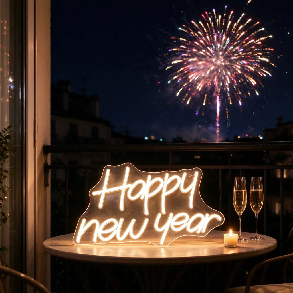 Happy New Year LED Neon Sign – Warm White Light for New Year's Eve Party Decor & Photo Backdrop