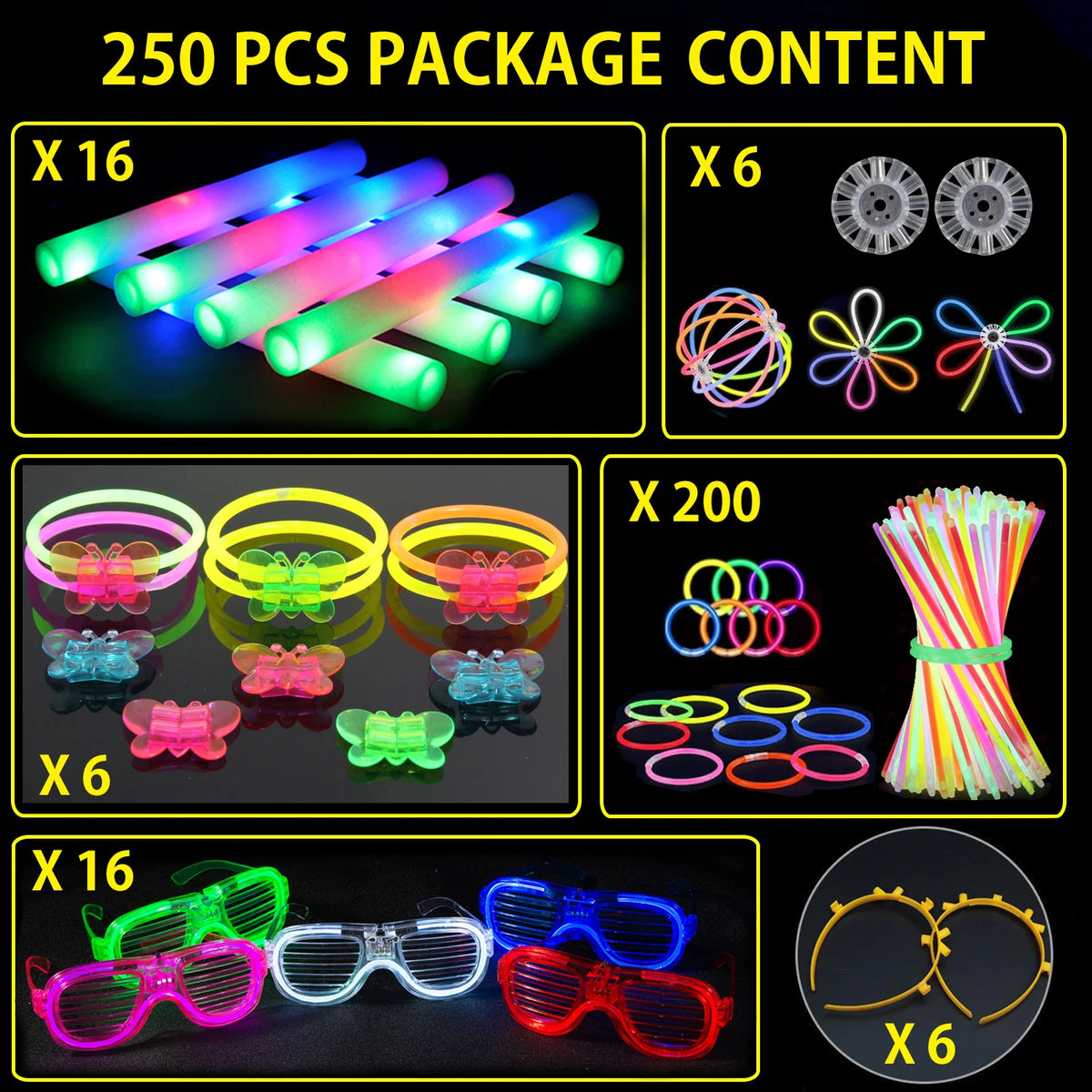 Mega Glow Party Kit – 250 Pieces with LED Foam Glow Sticks, Light-Up Glasses, Glow Sticks & Bunny Ears