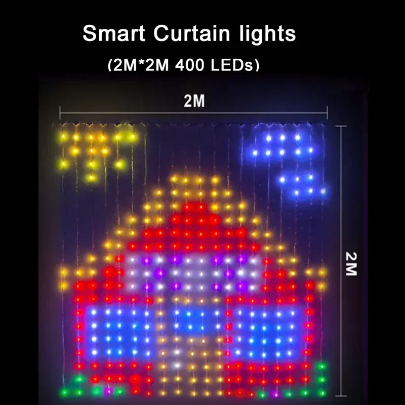 Smart RGB Pixel Curtain Lights Bluetooth APP Control DIY Text Pattern Programmable LED Curtain String Light Music Sync Remote Control Fairy Light Christmas Holiday Wedding Home Window Decor