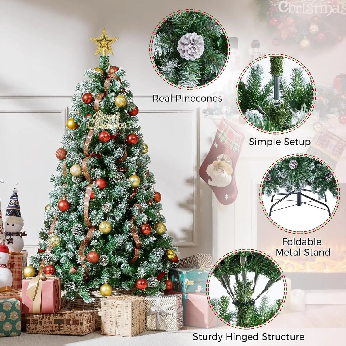 Pre-Lit Snow Flocked Artificial Christmas Tree with Pine Cones – 4.5ft to 7.5ft Full Xmas Tree with LED Lights and Metal Stand