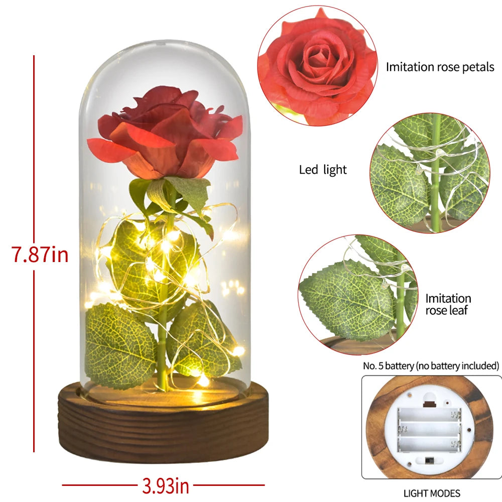 Eternal Rose in Glass Dome with LED Lights – Forever Flower Gift for Her, Christmas & Valentine’s Day