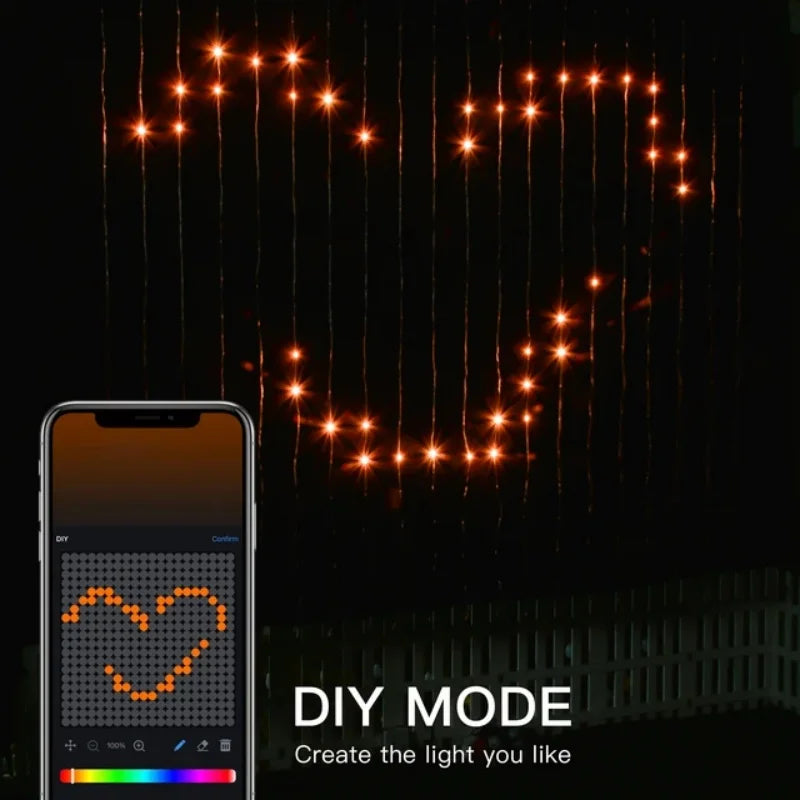 Smart RGB Pixel Curtain Lights Bluetooth APP Control DIY Text Pattern Programmable LED Curtain String Light Music Sync Remote Control Fairy Light Christmas Holiday Wedding Home Window Decor