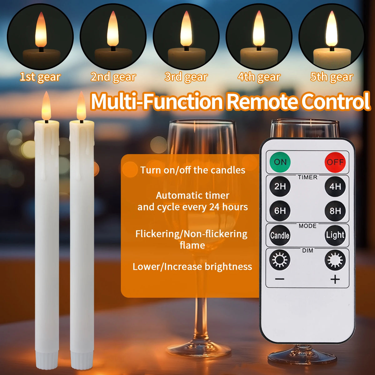 Rechargeable Flameless LED Taper Candles with Remote & Timer – Set of 6