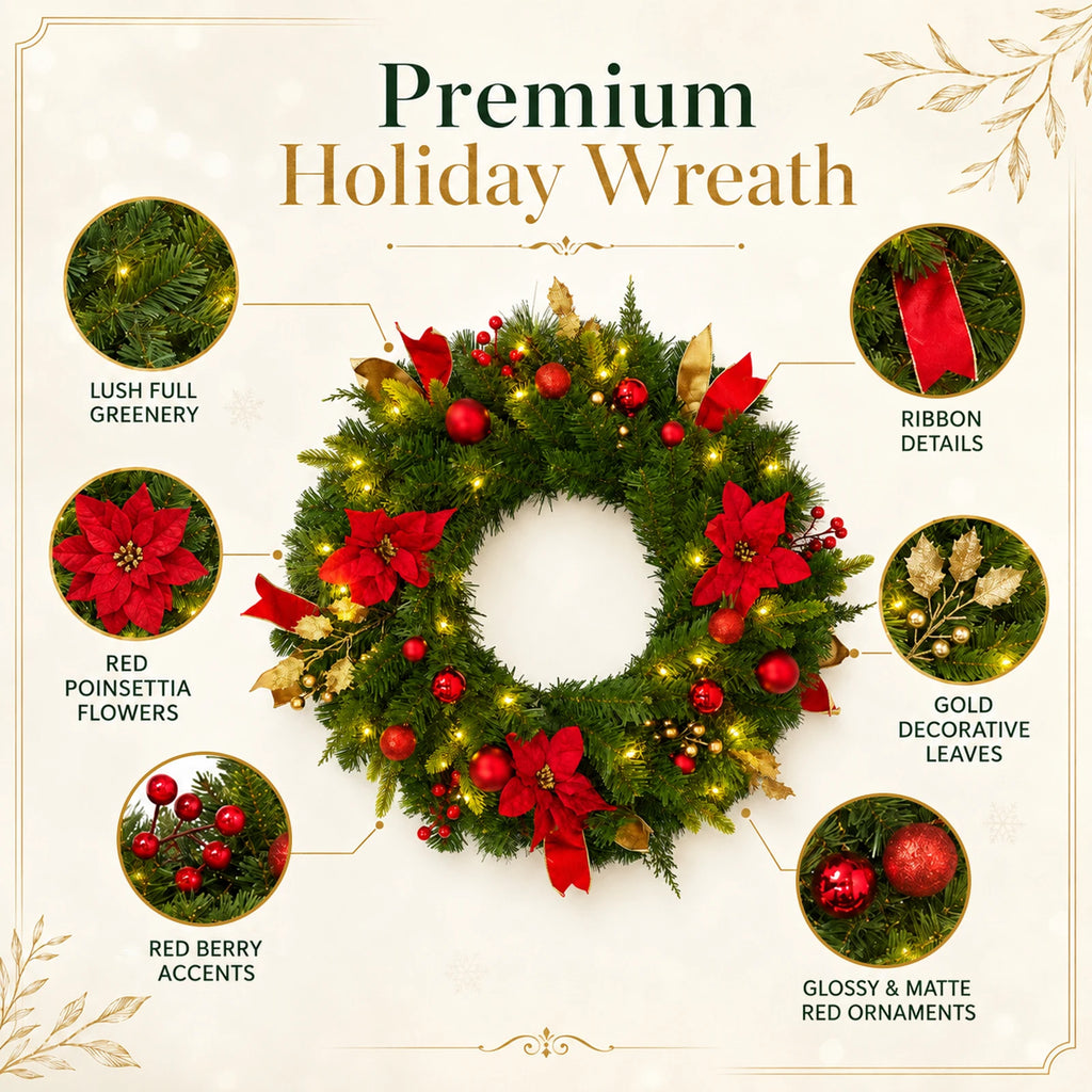 24" Pre-Lit Christmas Wreath – Red Poinsettia with Warm LED Lights & Timer