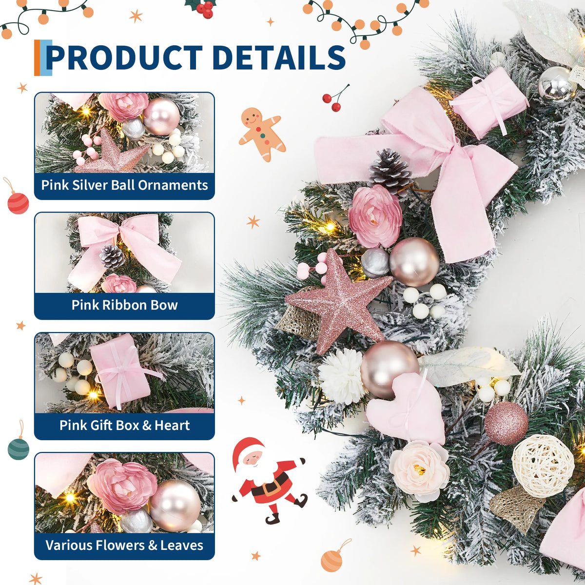 24" Pink Christmas Wreath with LED Lights, Roses & Bow