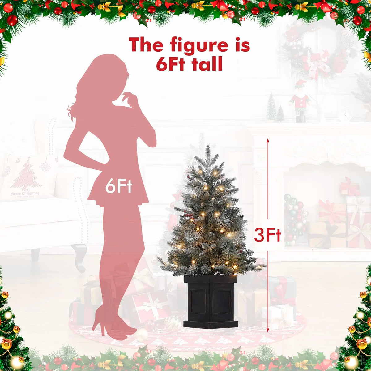 3 Ft Pre-Lit Snow Flocked Christmas Tree – Mini Tabletop Tree with 78 LED Lights