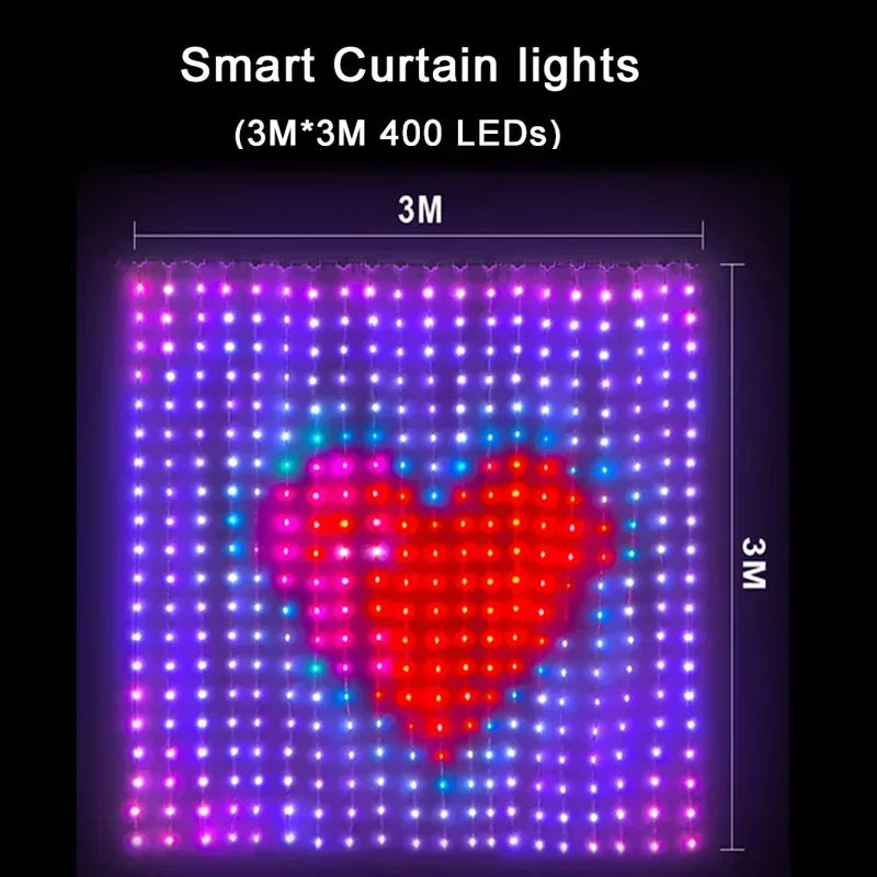 Smart RGB Pixel Curtain Lights Bluetooth APP Control DIY Text Pattern Programmable LED Curtain String Light Music Sync Remote Control Fairy Light Christmas Holiday Wedding Home Window Decor