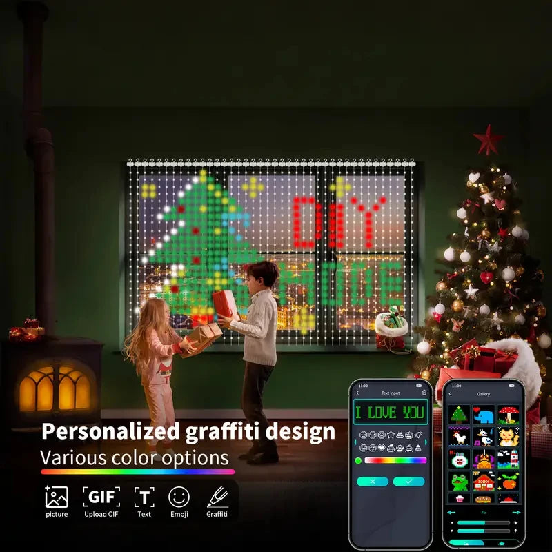 Smart RGB Pixel Curtain Lights Bluetooth APP Control DIY Text Pattern Programmable LED Curtain String Light Music Sync Remote Control Fairy Light Christmas Holiday Wedding Home Window Decor