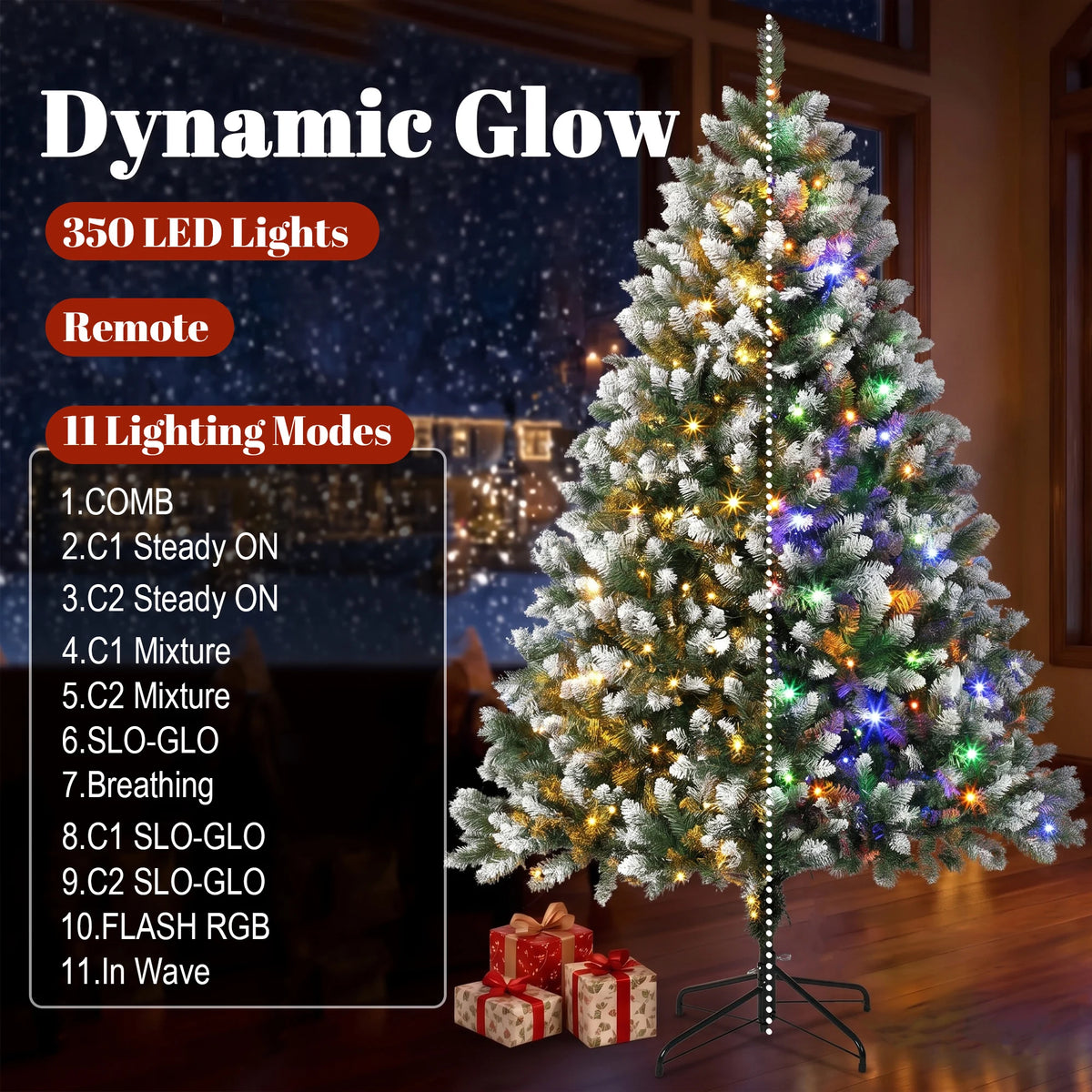 Pre-Lit Artificial Christmas Tree 6ft – Snow-Tipped Fir with 350 Warm White & Multicolor LED Lights, Remote Control & Metal Stand