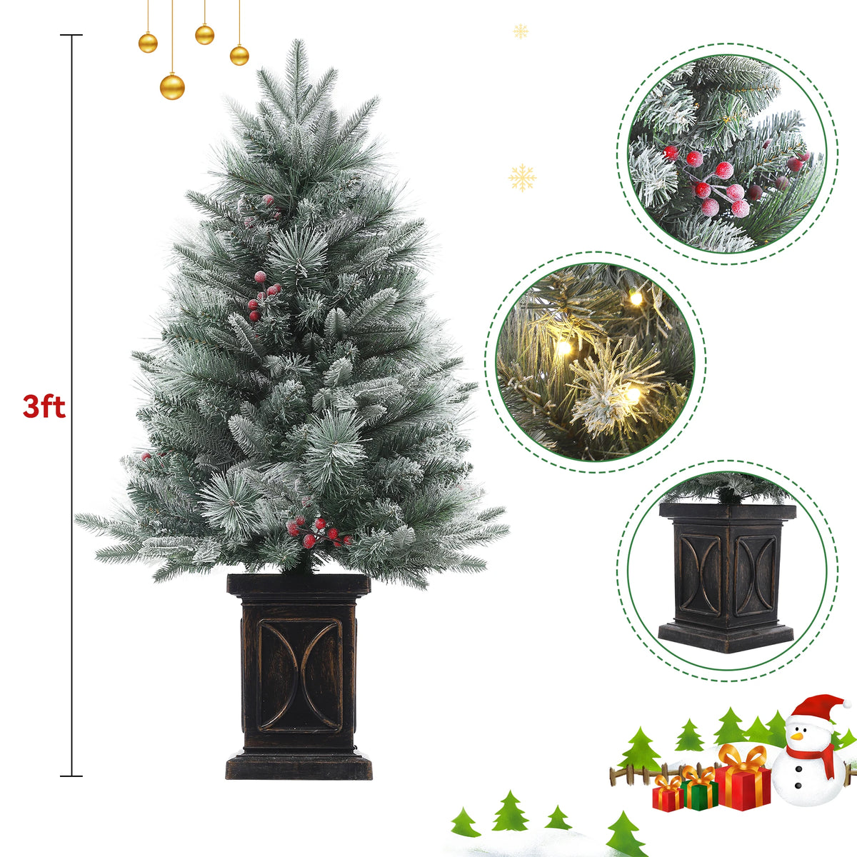 3 Ft Pre-Lit Snow Flocked Christmas Tree – Mini Tabletop Tree with 78 LED Lights