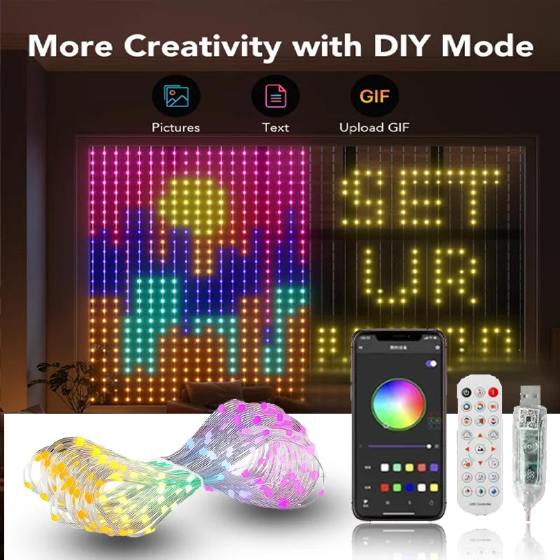 Smart RGB Pixel Curtain Lights Bluetooth APP Control DIY Text Pattern Programmable LED Curtain String Light Music Sync Remote Control Fairy Light Christmas Holiday Wedding Home Window Decor