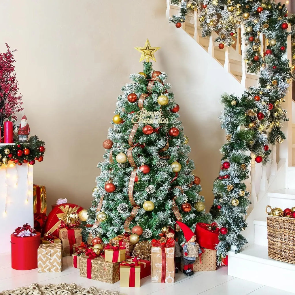 Pre-Lit Snow Flocked Artificial Christmas Tree with Pine Cones – 4.5ft to 7.5ft Full Xmas Tree with LED Lights and Metal Stand