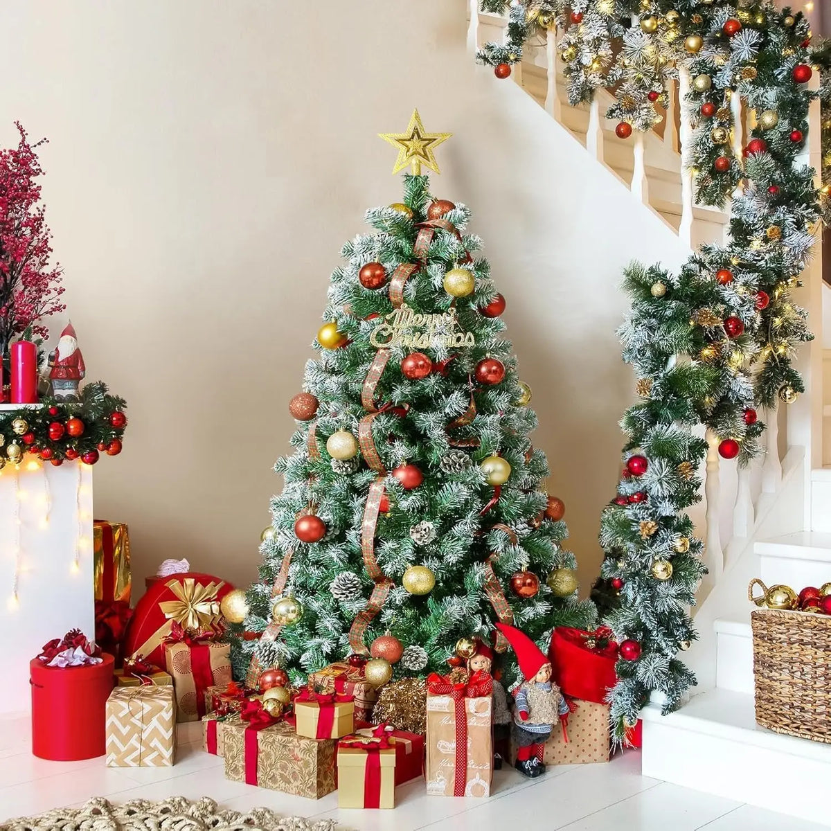 Pre-Lit Snow Flocked Artificial Christmas Tree with Pine Cones – 4.5ft to 7.5ft Full Xmas Tree with LED Lights and Metal Stand