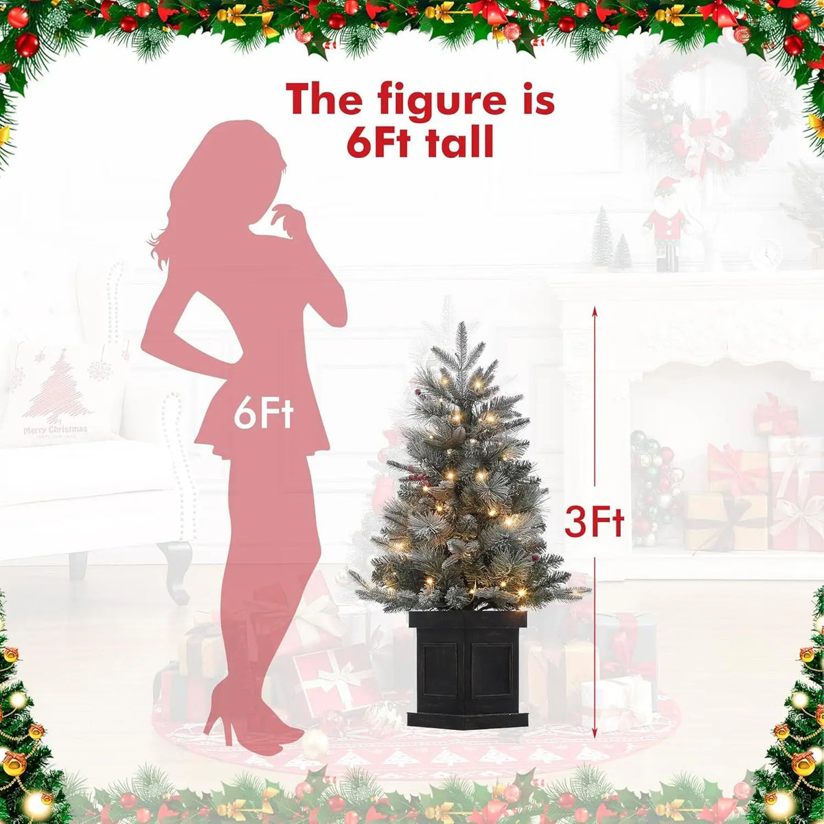 3 Ft Pre-Lit Snow Flocked Christmas Tree – Mini Tabletop Tree with 78 LED Lights