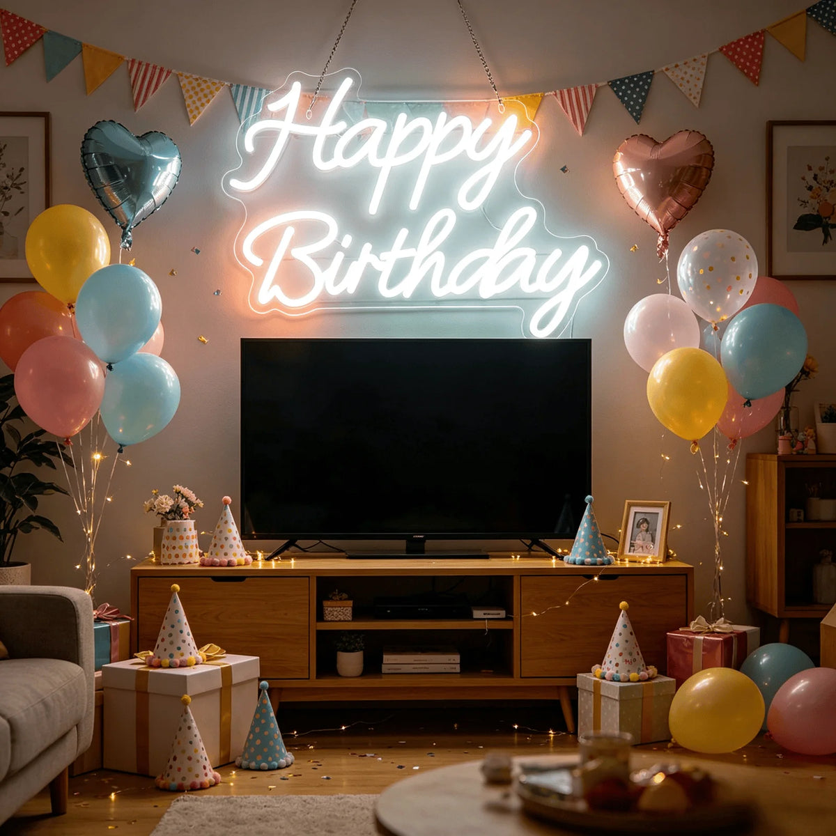 Happy Birthday LED Neon Sign – White USB Wall Light for Birthday Party Decor & Photo Backdrop