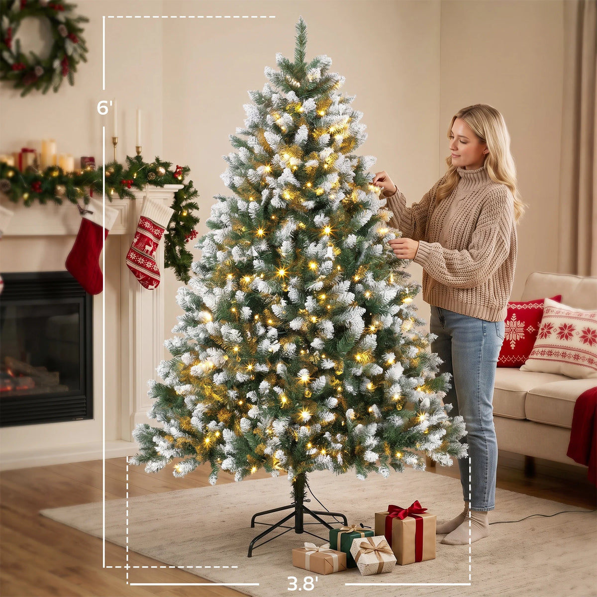 Pre-Lit Artificial Christmas Tree 6ft – Snow-Tipped Fir with 350 Warm White & Multicolor LED Lights, Remote Control & Metal Stand