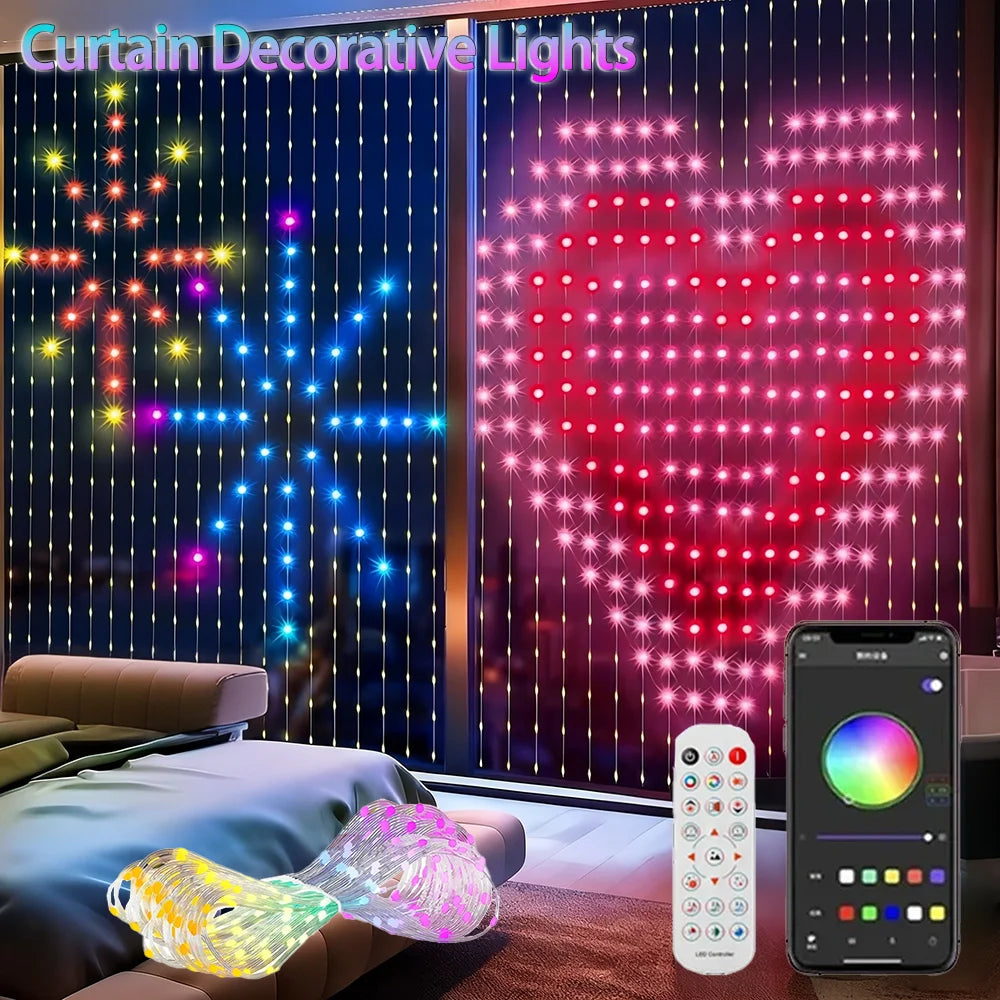 Smart RGB Pixel Curtain Lights Bluetooth APP Control DIY Text Pattern Programmable LED Curtain String Light Music Sync Remote Control Fairy Light Christmas Holiday Wedding Home Window Decor