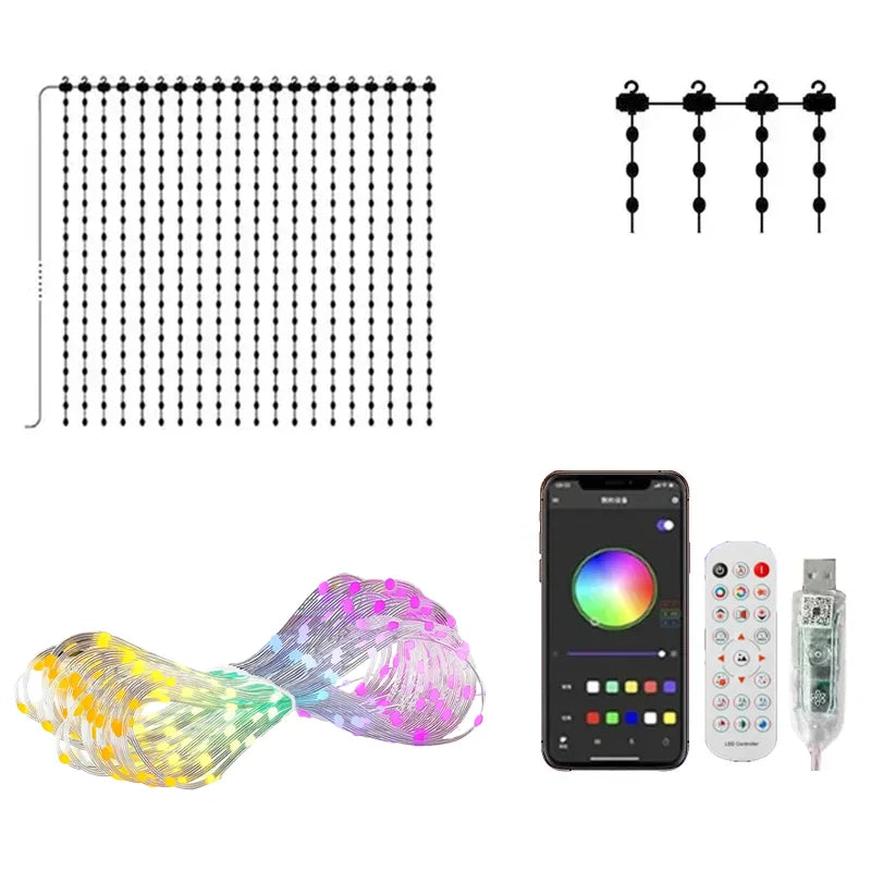Smart RGB Pixel Curtain Lights Bluetooth APP Control DIY Text Pattern Programmable LED Curtain String Light Music Sync Remote Control Fairy Light Christmas Holiday Wedding Home Window Decor