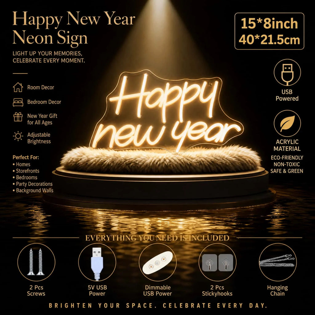 Happy New Year LED Neon Sign – Warm White Light for New Year's Eve Party Decor & Photo Backdrop