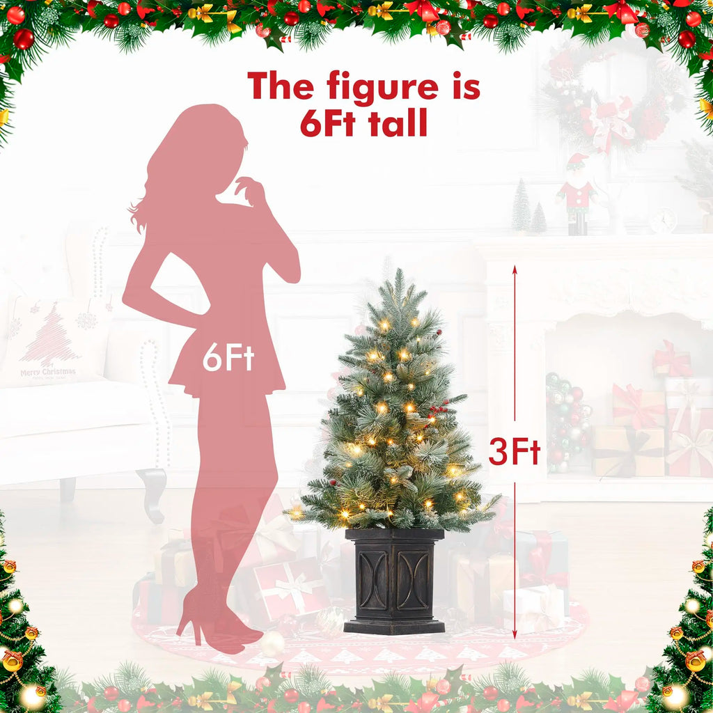 3 Ft Pre-Lit Snow Flocked Christmas Tree – Mini Tabletop Tree with 78 LED Lights