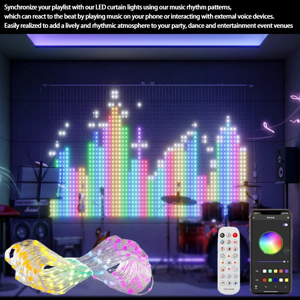 Smart RGB Pixel Curtain Lights Bluetooth APP Control DIY Text Pattern Programmable LED Curtain String Light Music Sync Remote Control Fairy Light Christmas Holiday Wedding Home Window Decor