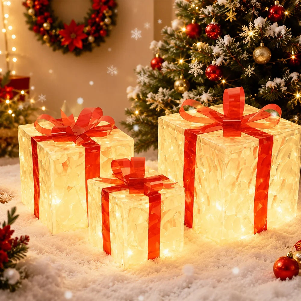 Set of 3 Lighted Christmas Gift Box Decorations – 6 to 10 in