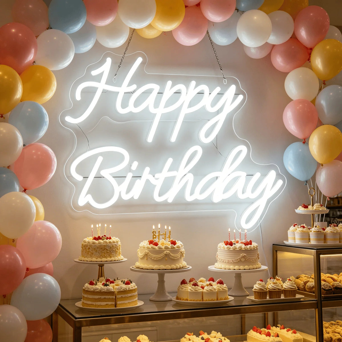 Happy Birthday LED Neon Sign – White USB Wall Light for Birthday Party Decor & Photo Backdrop