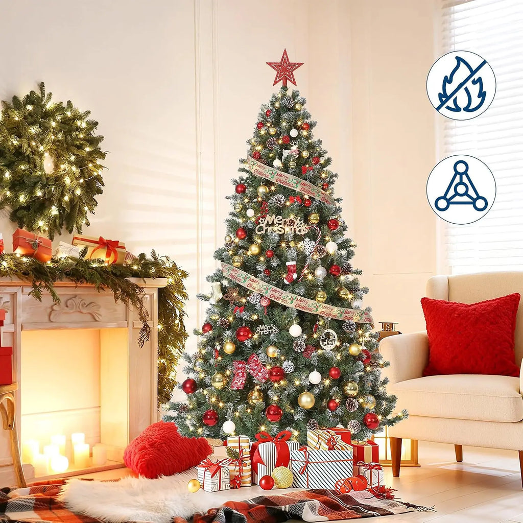 Pre-Lit Snow Flocked Artificial Christmas Tree with Pine Cones – 4.5ft to 7.5ft Full Xmas Tree with LED Lights and Metal Stand